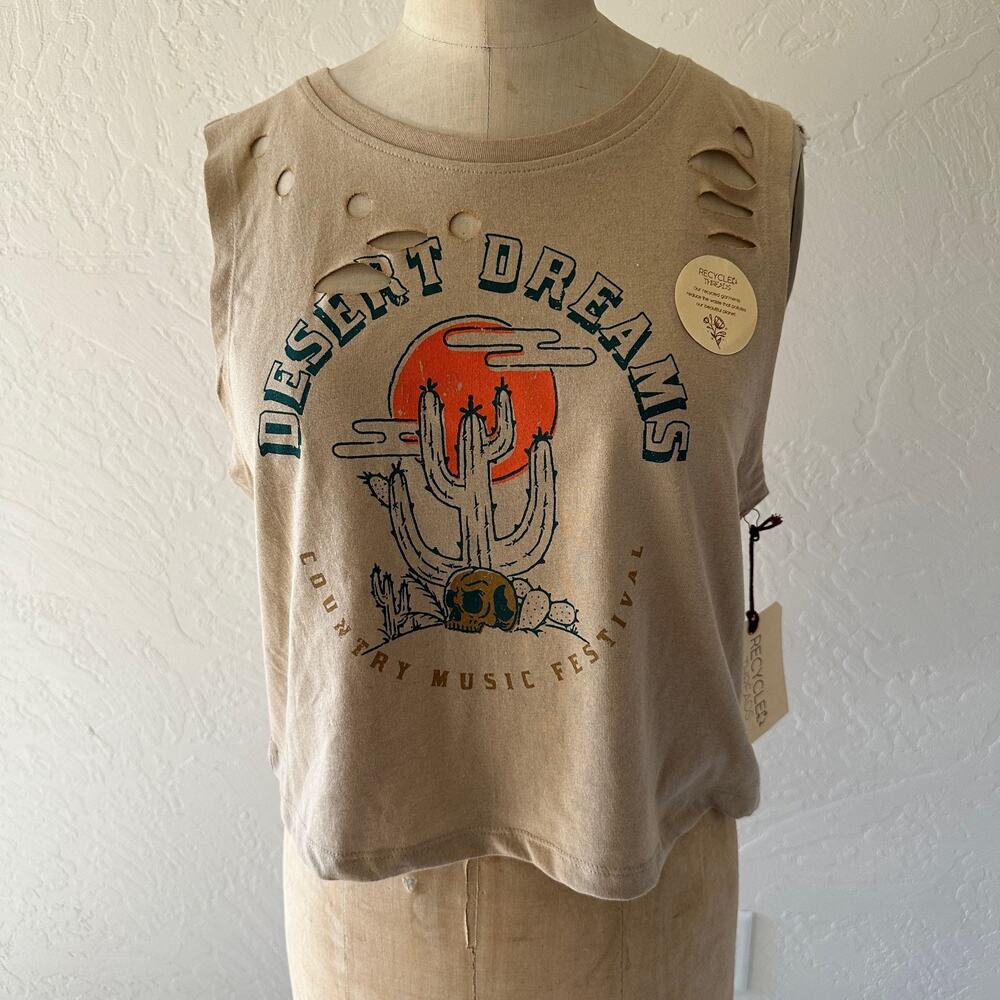 RECYCLED THREADS | Desert Dreams Music Festival Distressed Crop Tank Boho NEW L